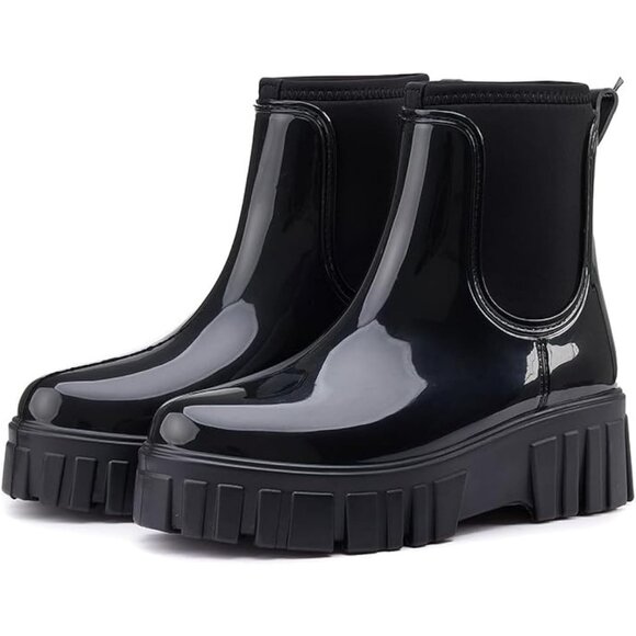 Women's Black Ankle Boots Waterproof Platform Rubber Chelsea Comfortable Shoes - Picture 1 of 6